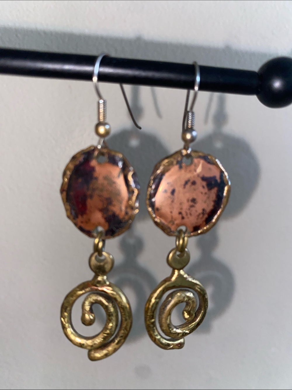 Handcrafted Copper and Gold Tone Spiral Drop Earrings